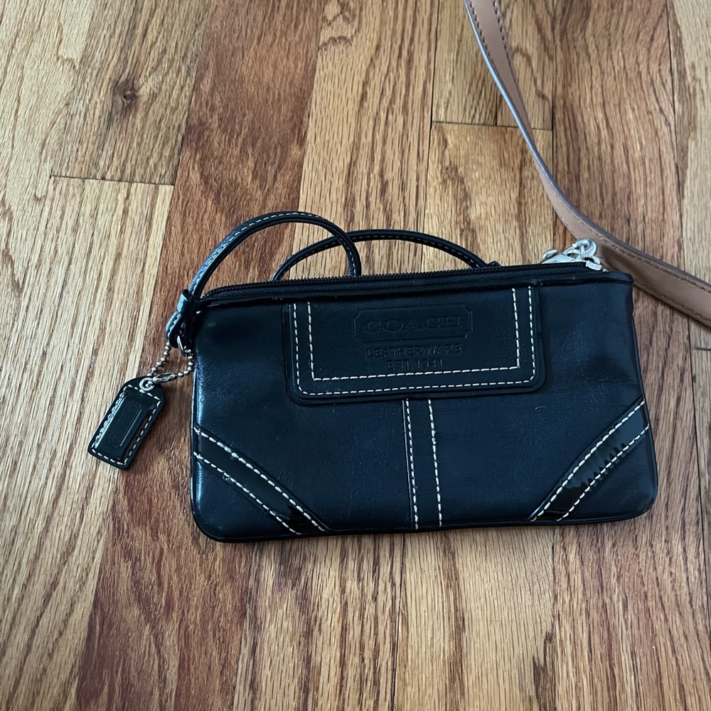 Coach Black Wristlet with Tan Stitching